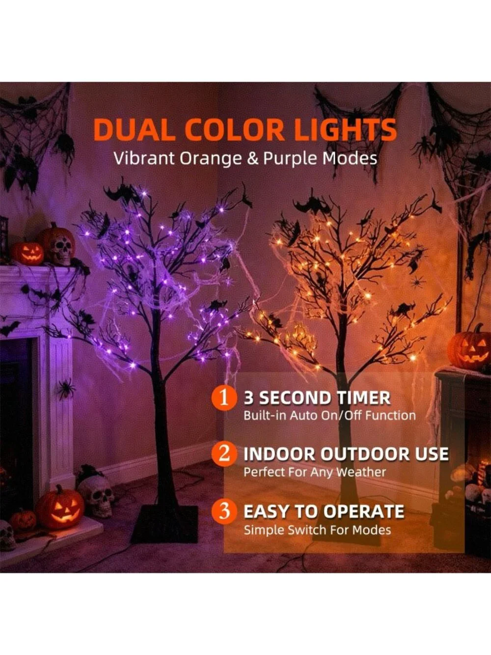 4ft Lighted Black Halloween Tree with 150 LED Orange & Purple Lights - Spooky
